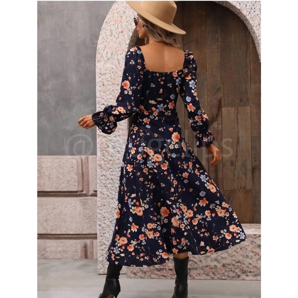 Floral Dress Square Neck Fit & Flare Maxi Long Sleeve Leg Slit Front Ties Blue - Picture 4 of 16